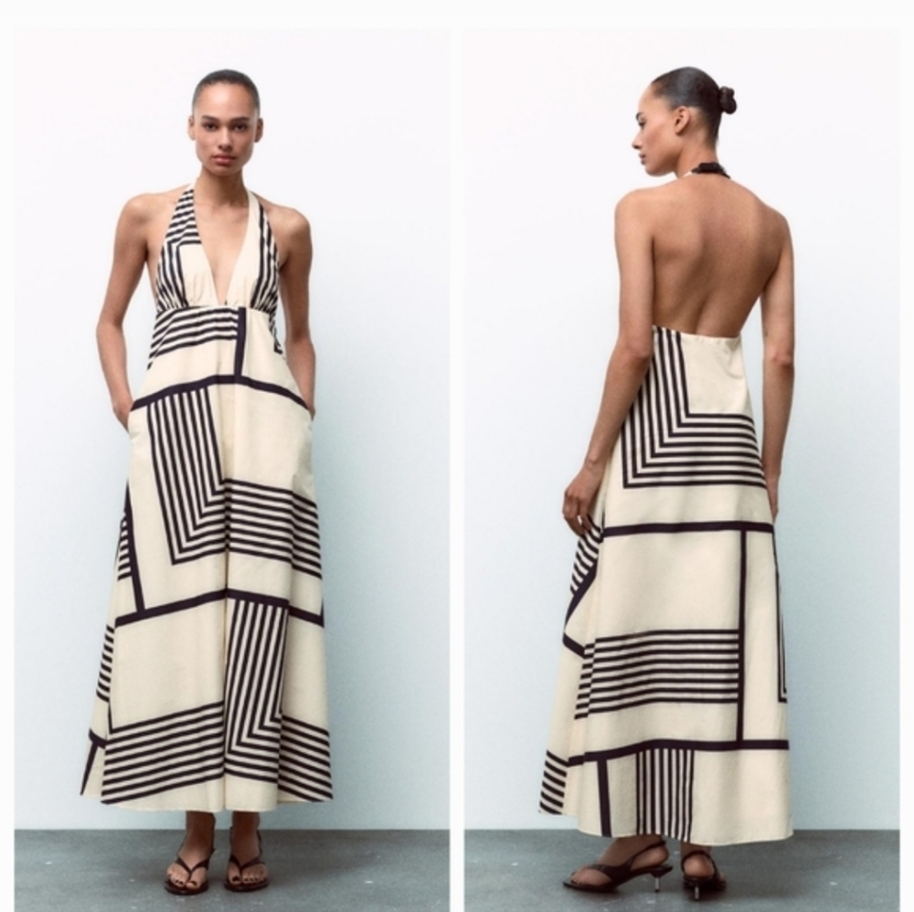 Zara Cotton Dress Halter Black Cream Maxi Size M - Picture 13 of 16